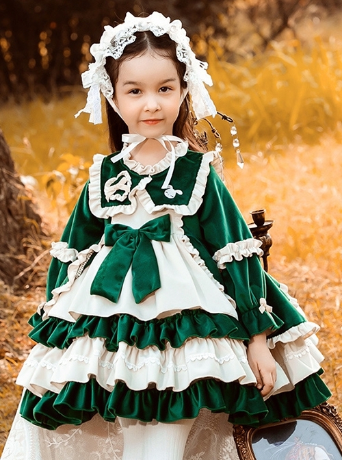 Green Velvet Princess Dress Stitching Lantern Sleeves Autumn Winter Classic Lolita Kids Long-Sleeved Dress  |  Kids Dresses