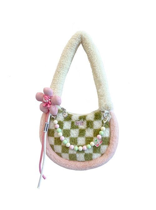 Green White Checkerboard Pink Bear Flower Acrylic Accessories Sweet Lolita Plush Tote Shoulder Bag  |  Lolita Bags