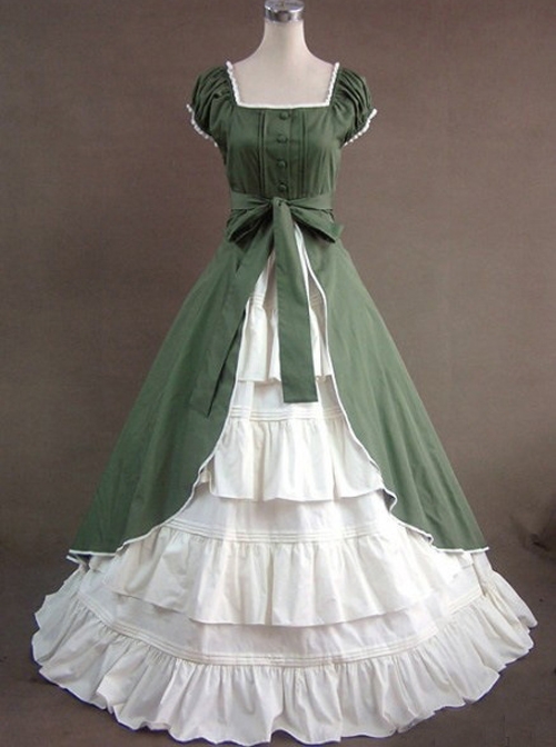 Green & White Puff Sleeve Open front Splitting Multi-layer Cotton Satin Classic Lolita Dress  |  Plus Size Lolita Dresses