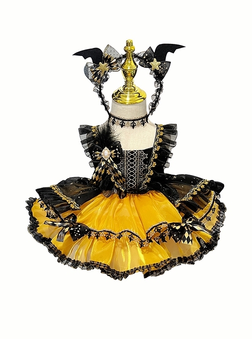 Halloween Black Yellow Pumpkin Little Devil Performance Costume Gothic Lolita Sleeveless Princess Dress JSK  |  Kids Dresses