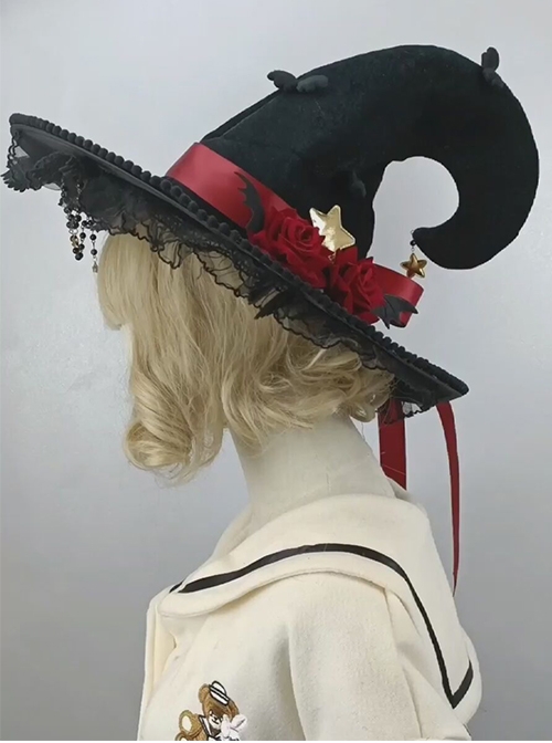 Halloween Punk Style Metal Star Spider Decoration Three-Dimensional Silk Rose Devil Wings Lolita Suede Witch Hat  |  Lolita Headbands