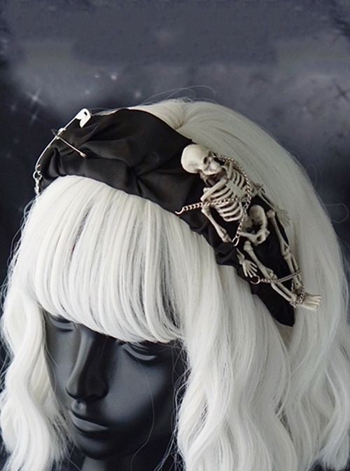 Halloween Skull Decoration Gothic Dark Style Crumpled Ribbon Metal Large Pin Decor Lolita Headband  |  Lolita Headbands