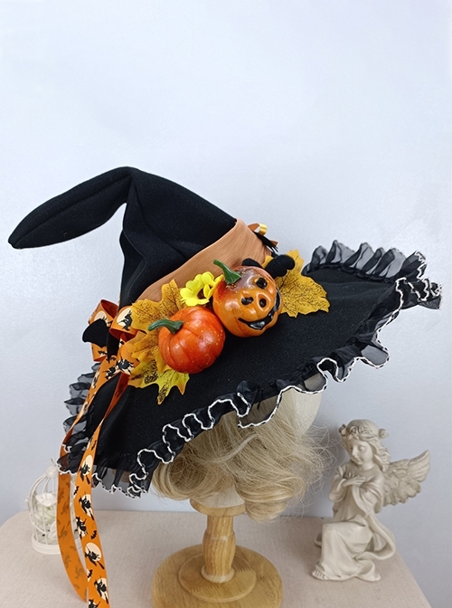 Halloween Spire Leaves Pumpkin Bat Wings Bow Decoration Gothic Lolita Kids Adult Witch Hat  |  Lolita Headbands