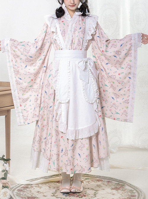 Hanamachi Chronicles Series Japanese Style Pink Kimono Elements Maid Garden Rabbit Printed Classic Lolita Apron Dress Set  |  Classic Lolita Dresses