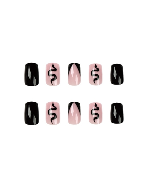 Hand-Painted Series Black Bevelled French Snake Finished Disposable Manicure Nail Pieces  |  Nails