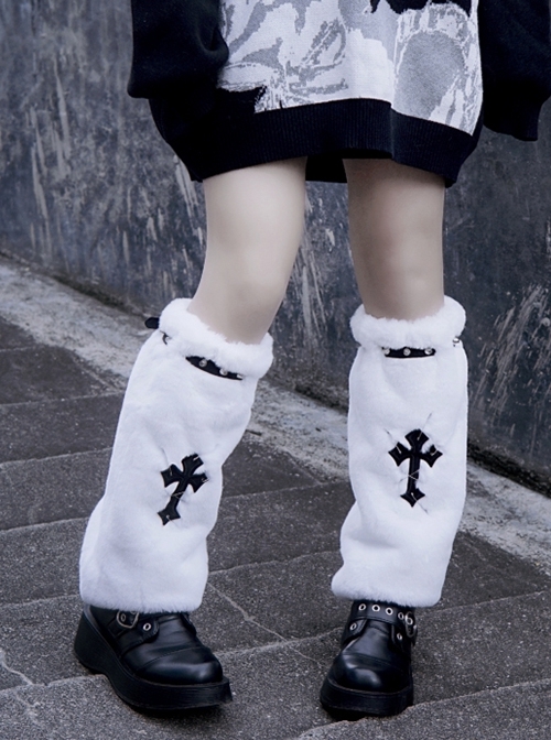 Handmade Autumn Winter Warm Cross Embroidered White Plush Cool Punk Lolita Leg Covers  |  Lolita Leg Covers