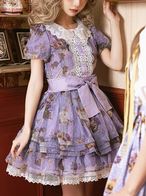 Handmade Cat Series Low Saturation Light Purple Pansy Kitty Pastoral Butterfly Book Print Sweet Lolita Puff Sleeves Dress  |  Sweet Lolita Dresses