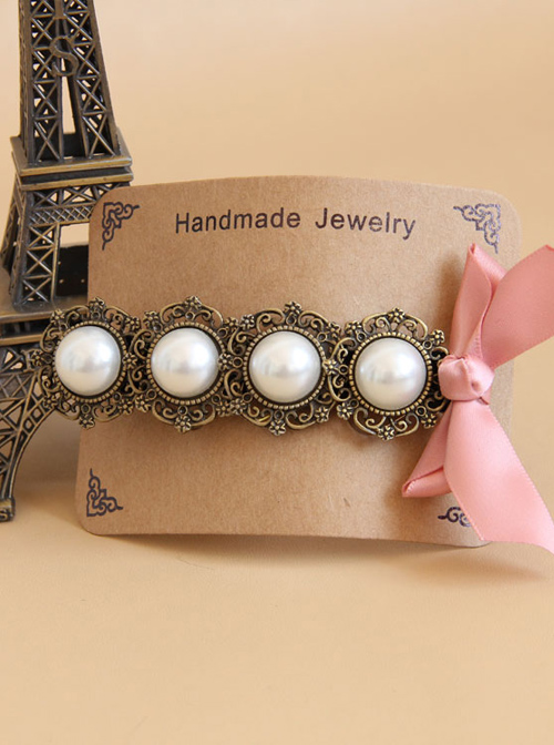 Handmade Classical Pearls Pink Bowknot Lolita Hairpin  |  Lolita Hairpins