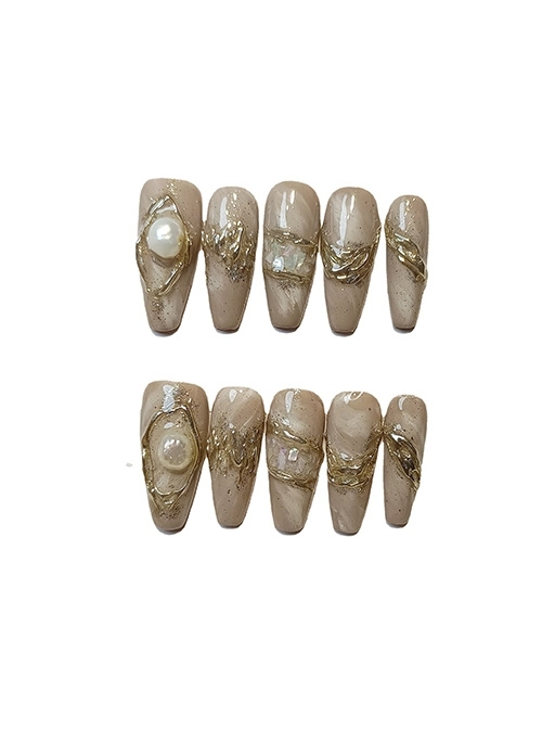 Handmade Gradient Pearl Shell Metal Color Detachable Finished Long Manicure Nail Pieces  |  Nails