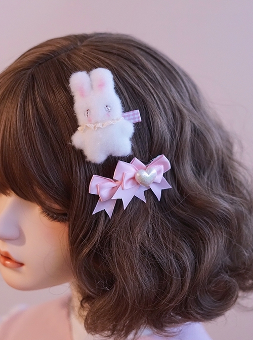 Handmade Heart Bow-Knot Plush Bunny Sweet Lolita Hair Clip  |  Lolita Hairpins