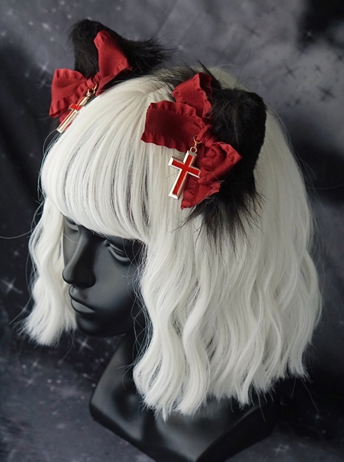 Handmade Plush Cat Ears Red Bow Knot Cross Halloween Gothic Lolita Hair Clip  |  Lolita Hairpins