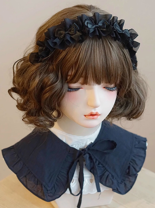 Handmade Versatile Black Lace Wrinkle Silk Texture Satin Black Ruffle Bowknot Gothic Lolita Hairband  |  Lolita Headbands