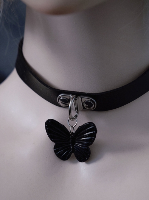 Handwork Black Three-Dimensional Butterfly PU Leather Gothic Lolita Necklace  |  Lolita Necklaces