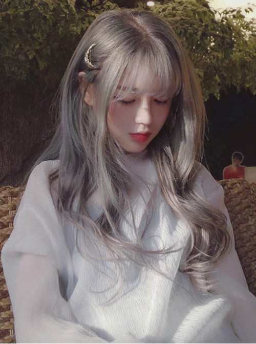 Harajuku Long Curly Hair Smoke Grey Air Bangs Wig Female  |  Wigs