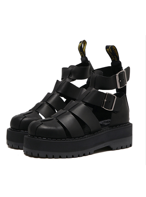 Harajuku Pure Black Thick Soles Leather Roman Sandals  |  Gothic & Punk Footwear