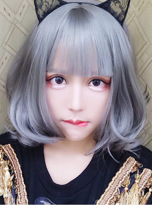 Harajuku Style Large Wavy Short Curly Hair Granny Grey Lolita Wig  |  Wigs