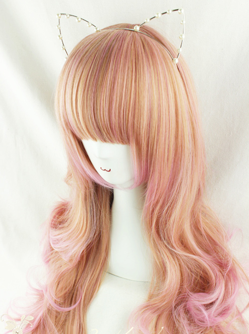 Harajuku Style Pale Gold Highlights Pink Long Curled Hair Lolita Wig  |  Wigs