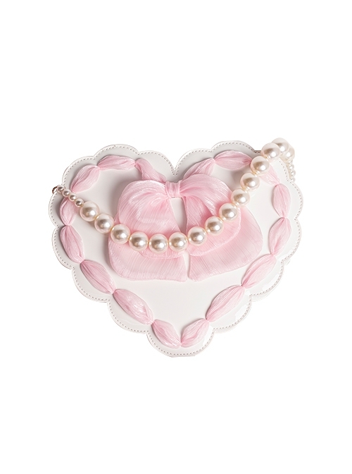 Heart-Shaped Design Lace Tie Bow Decoration Classic Lolita Pearl Chain Handbag  |  Lolita Bags