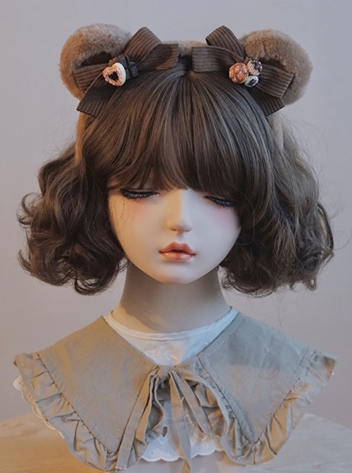 Heart Shaped Snack Chocolate Decorate Brown Corduroy Bow Plush Bear Ears Sweet Lolita Headband  |  Lolita Headbands