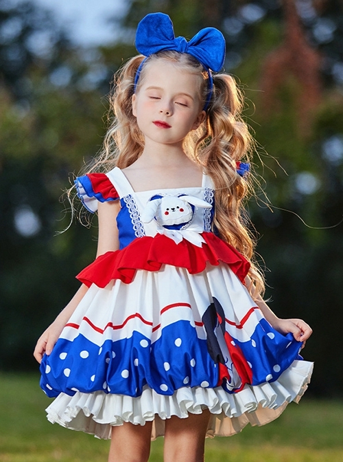 High Saturation Red Blue White Contrast Color Ruffles Polka Dots 3D White Rabbit Kid Sweet Lolita Sleeveless Lantern Dress  |  Kids Dresses