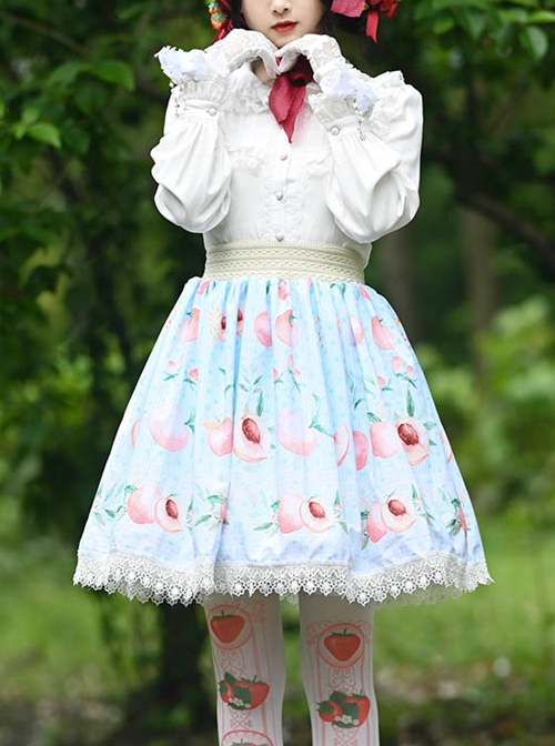 Honey Peach Printing Sweet Lolita White Lace Blue Stripe Skirt  |  Plus Size Lolita Skirts