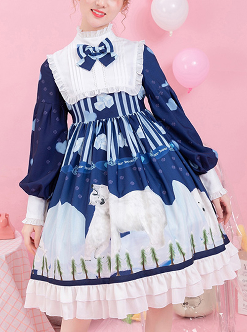 Ice Bear Island Series OP Bowknot Blue Classic Lolita Long Sleeve Dress  |  Classic Lolita Dresses