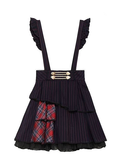 Idol.Q Series SK Striped Double Pleated Hem Patchwork Check Fabric Metal Double-Breasted Trim Classic Lolita Long Strap Dress  |  Skirts