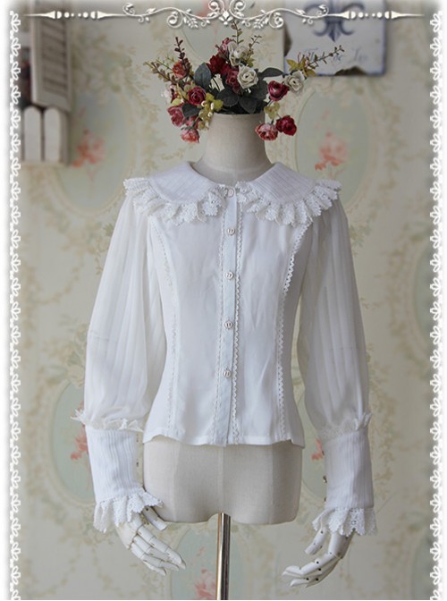 Infanta The Roses Funeral Series White Chiffon Glass Stripes Lolita Long Sleeve Shirt  |  Blouses