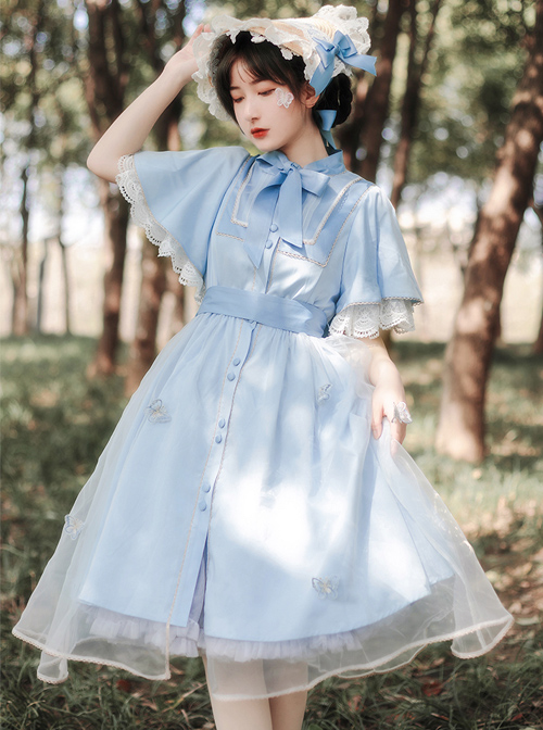 Iris Flower Series OP Butterfly Sleeve Embroidery Blue Classic Lolita Short Sleeve Dress  |  Classic Lolita Dresses