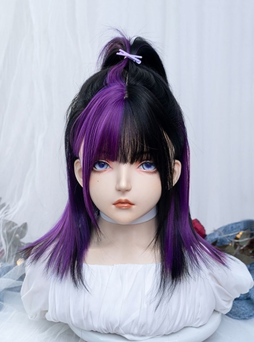 Irregular Black Purple Flat Bangs Naturally Long Straight Hair Y2K Stylish Sweet Lolita Full Head Wig  |  Wigs