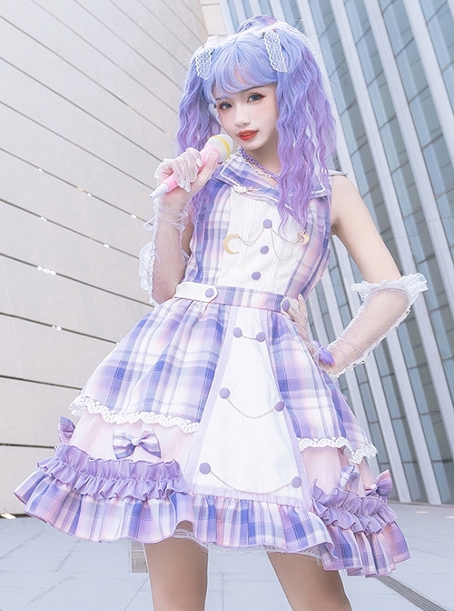 Irregular Neckline Purple Plaid Print Lace Bow Decorative Ruffled Hem Classic Lolita Sleeveless Dress  |  Classic Lolita Dresses