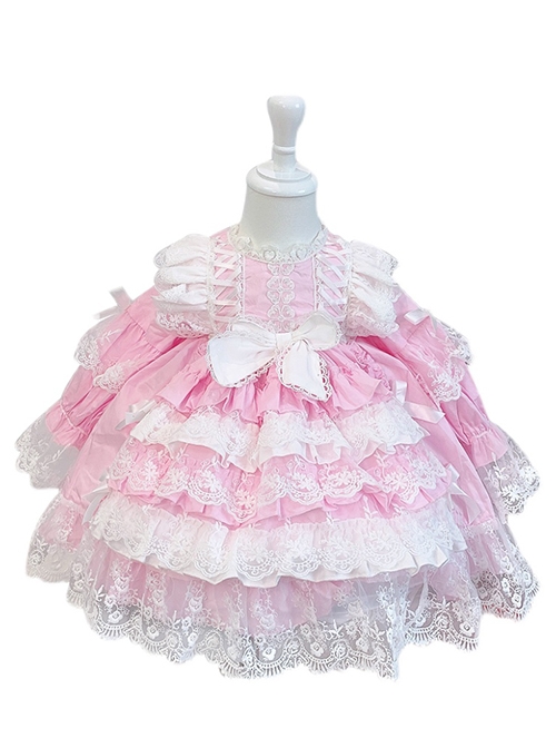 Jacquard Embroidered Lace Double Pleated Hems Children Cute Pink Sweet Lolita Bow Knots Kids Long Sleeves Dress  |  Kids Dresses