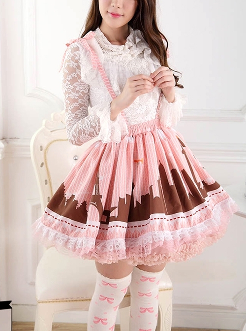 Japanese City Series Gentle Pink Soft Fluffy Pleated Elastic Waistband Suspenders Ruffle Lace Sweet Lolita Short Skirt  |  Skirts