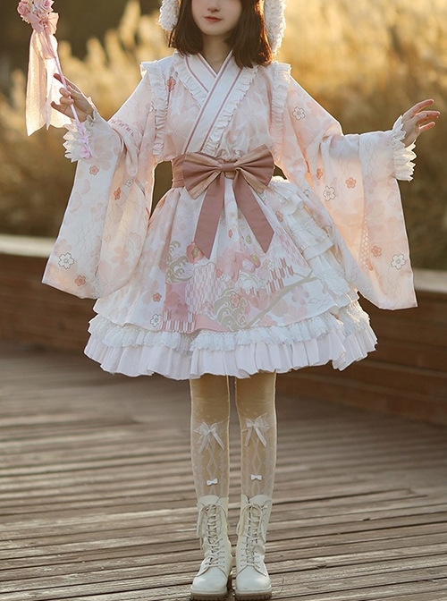 Japanese Style Bean Paste Pink Cute Loose Long Sleeves Bathrobe Sakura Print Ruffles Sweet Lolita Kimono Dress  |  Sweet Lolita Dresses