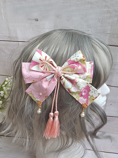 Japanese Style Big Bowknot Sakura Hot Stamping Process Lace Up Pearl Tassel Bowknot Headdress Hairpin  |  Lolita Hairpins