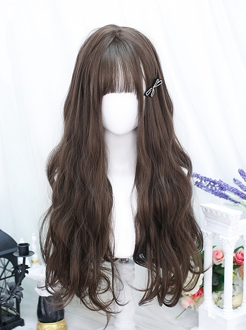 Japanese Style Cute Flat Bangs Whole Head Daily Simulation Black Brown Sweet Lolita Long Curly Hair Wig  |  Wigs