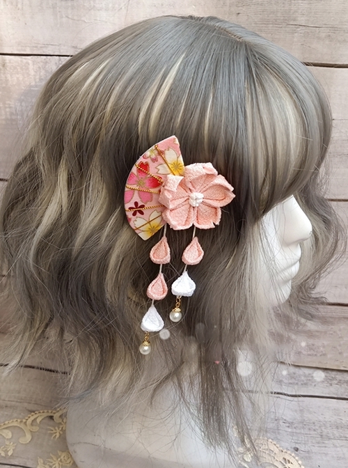 Japanese Style Girly Pink Sakura Modeling Side Fan Double Petal Tassel Oiran Sweet Lolita Hairpin  |  Lolita Hairpins