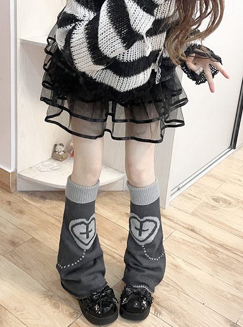 Japanese Style Kawaii Y2K Cute Cross Heart Pattern Sweet Lolita Versatile Knit Leg Sleeves  |  Lolita Socks