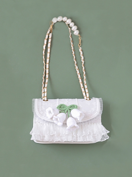 Japanese Style Pure White Fresh Girls Braided Wind Chimes Flower Decoration Jacquard Lace Classic Lolita Bag  |  Lolita Bags