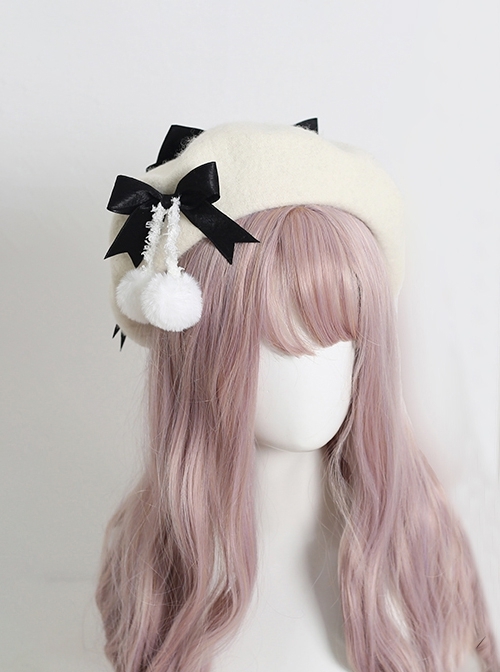 Japanese Style Sweet Girly Wool Autumn Winter Warm Handmade Fur Ball Bowknot Sweet Lolita Painter Hat Beret  |  Lolita Headbands