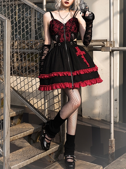 Judgment Day Series JSK Dark Punk Lolita Black Red Lace Jacquard Embroidery Waist Cutout Crucifix Fold Metal Buckle Decoration Zipper Sling Dress  |  Punk Lolita Dresses