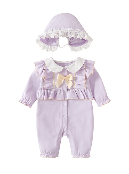 Kawaii Fashion Cream Purple Spliced Lace Doll Collar Princess Style Long Sleeves Baby Hat Baby Romper  |  Baby Rompers