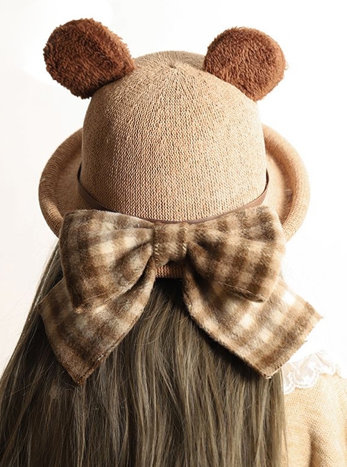 Khaki Cute All-Match Bear Ears Plaid Bowknot Decoration Sweet Lolita Hat  |  Lolita Headbands