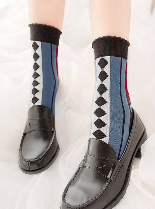 Killer A Series Black Rhombus Stripe Knit Socks Classic Lolita Socks  |  Lolita Socks