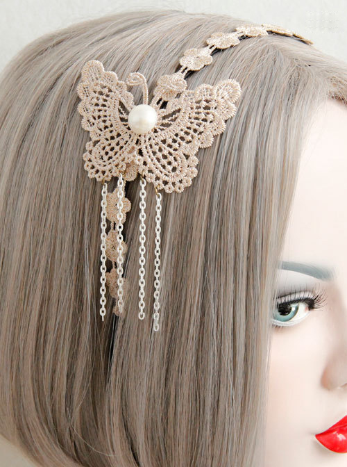 Lace Butterfly Chain Tassel Girls Handmade Lolita Hairpin  |  Lolita Hairpins