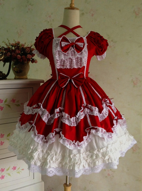 Lace Red Cotton Sweet Lolita Short Sleeves Dress  |  Plus Size Lolita Dresses