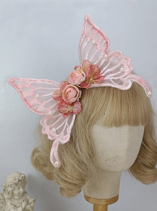 Lace Simulation Big Butterfly Wings Pearl Decoration Can Shape Flower Headwear Classic Lolita Hair Clip  |  Lolita Hairpins