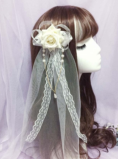 Lace Three-Dimensional Rose Decoration Pearl Chain Decoration Classic Lolita Veil Hair Clip  |  Lolita Hairpins