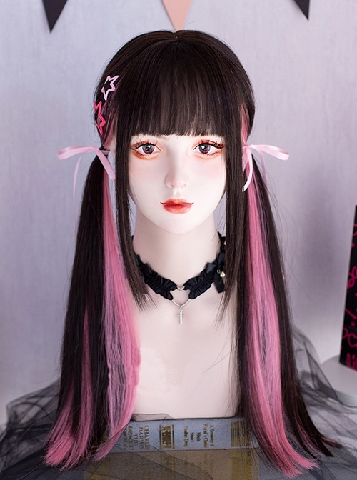 Landmine Girl Subculture Twin Ponytails Cool Black Pink Highlights Long Straight Hair Flat Bangs Sweet Lolita Full Head Wig  |  Wigs