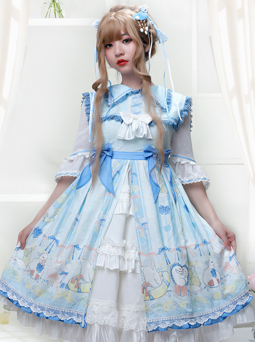 Lemon Duck Series OP Light Blue Pastoral Style Sweet Lolita Lapel Half Sleeve Dress  |  Sweet Lolita Dresses